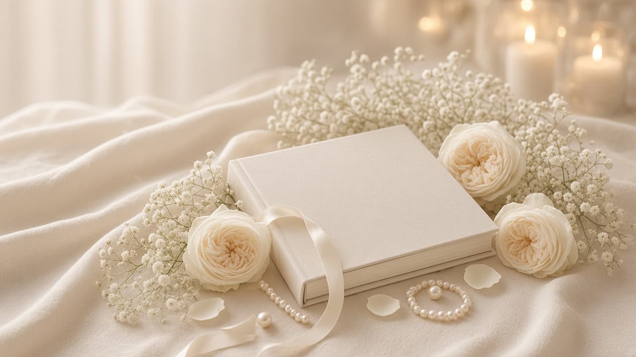 A linen album among white roses, pearls, and candlelight