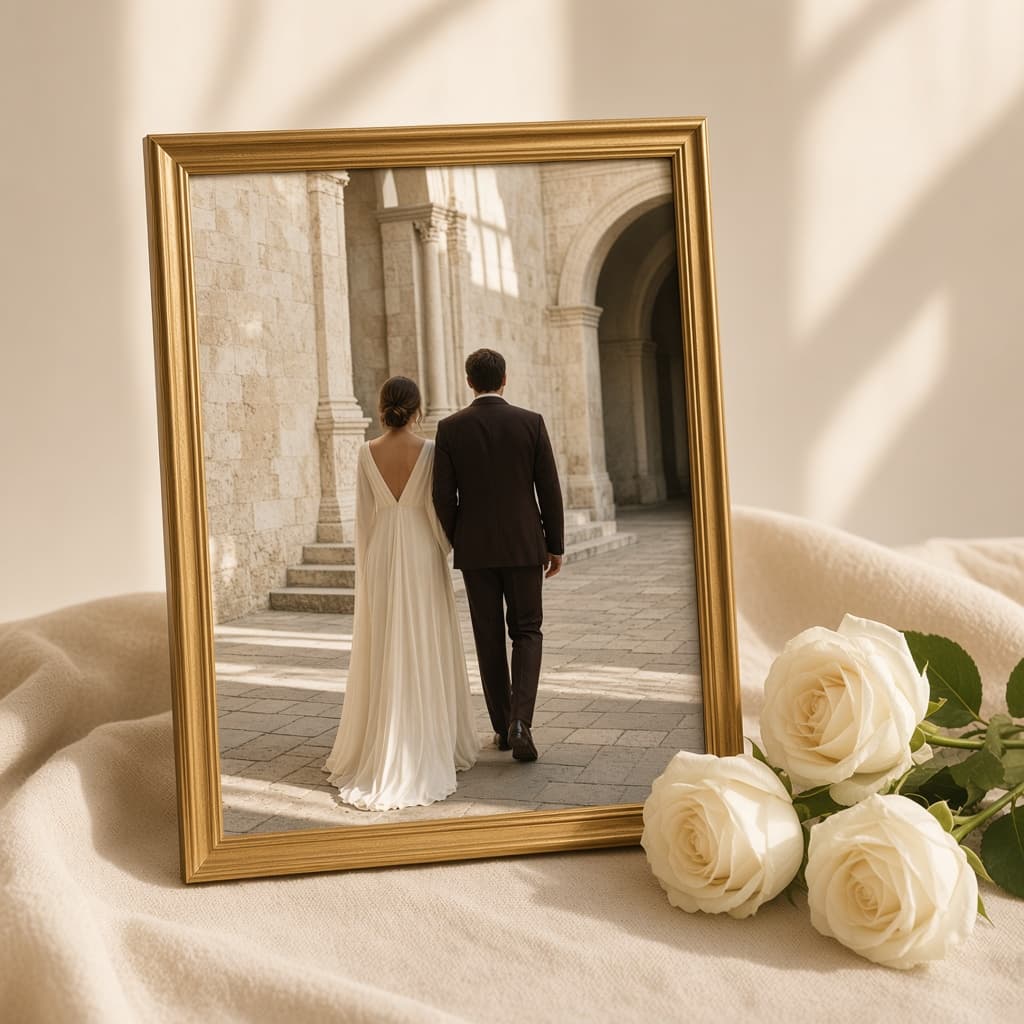 A framed photograph of a couple walking through a courtyard
