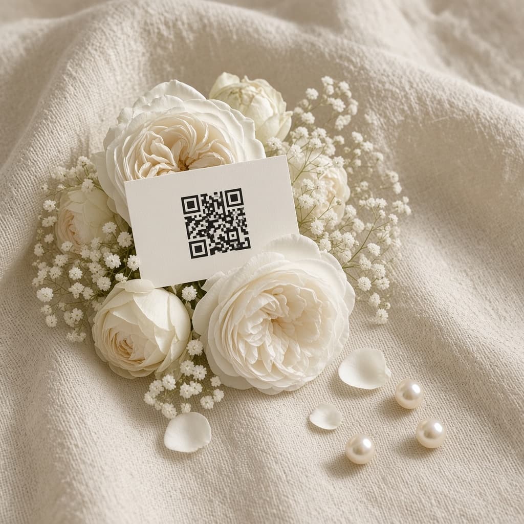 A small card with a QR code among white roses