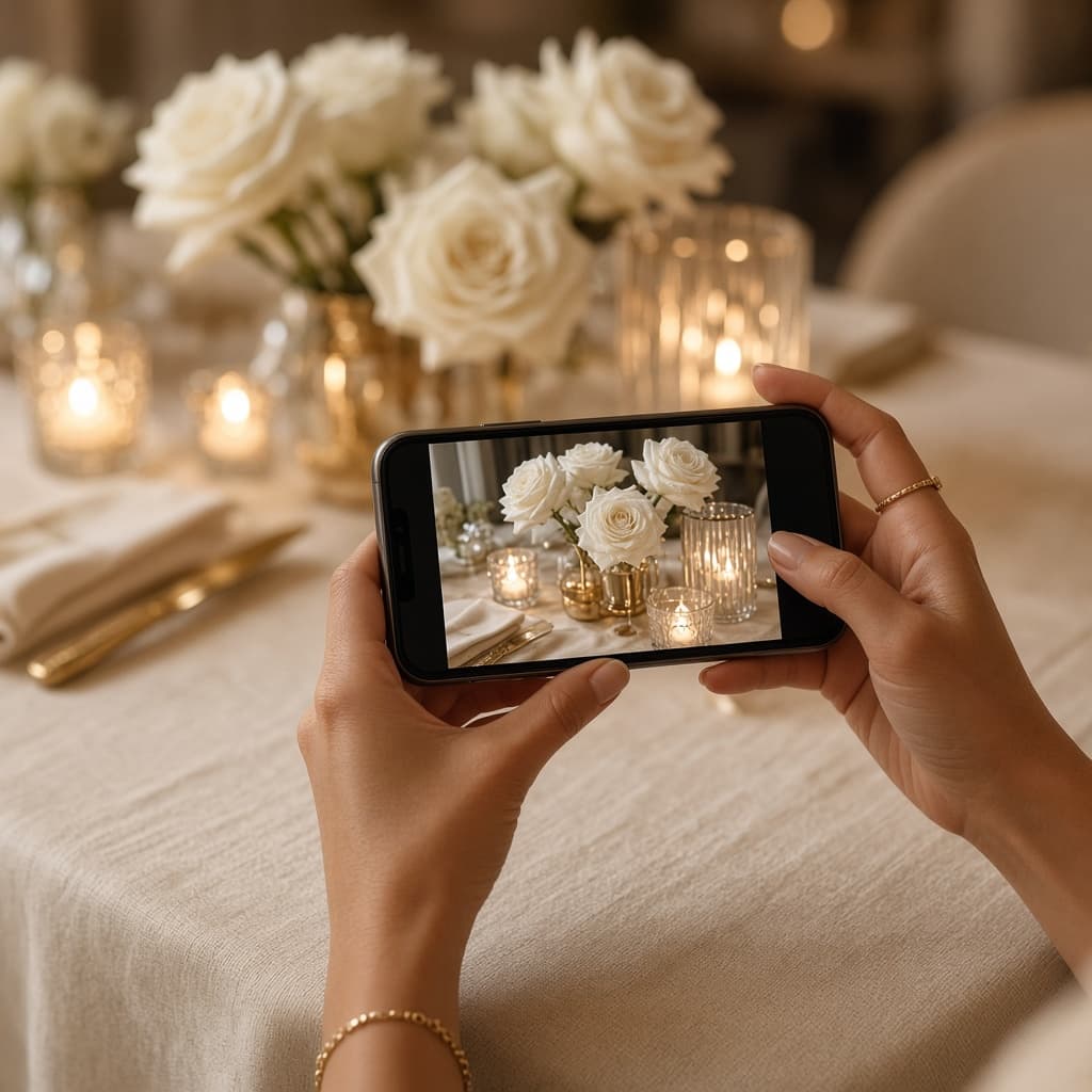 Hands photographing white roses and candlelight