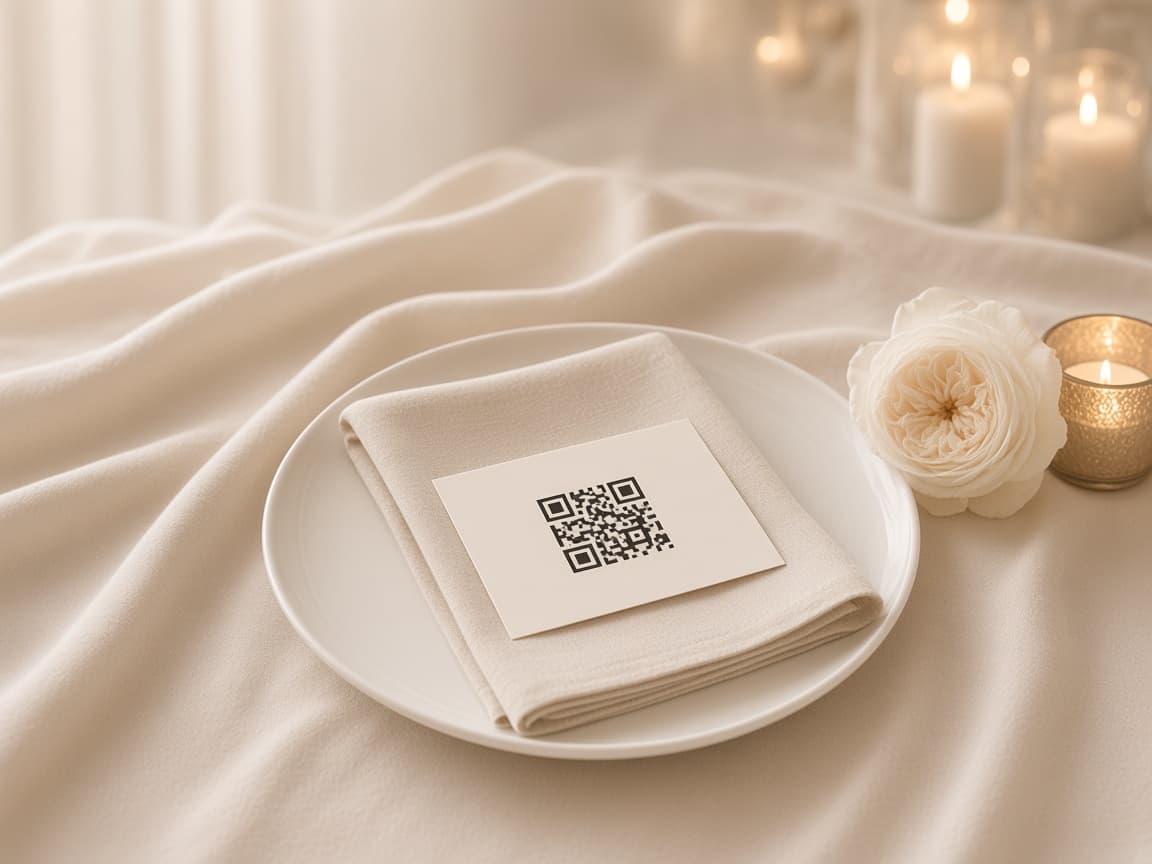A table setting with a small QR card, a white rose, and a candle